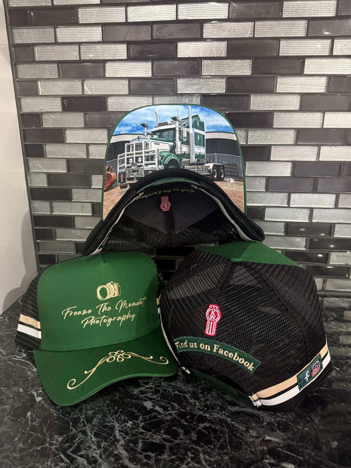 Freeze The Moment Photography Trucker Hat (Green & Gold)