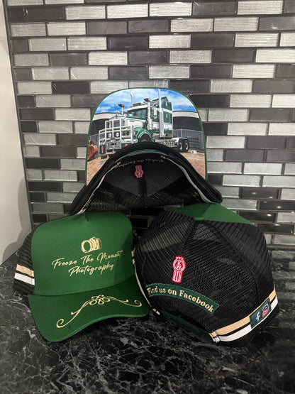 Freeze The Moment Photography Trucker Hat (Green & Gold)