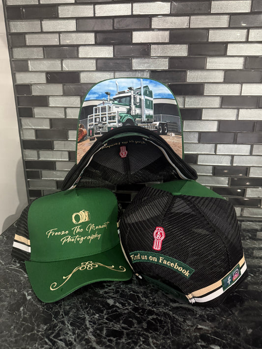 Freeze The Moment Photography Trucker Hat (Green & Gold)