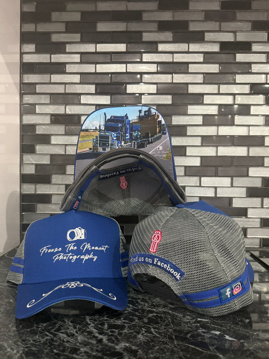 Freeze The Moment Photography Trucker Hat (Blue & Grey)